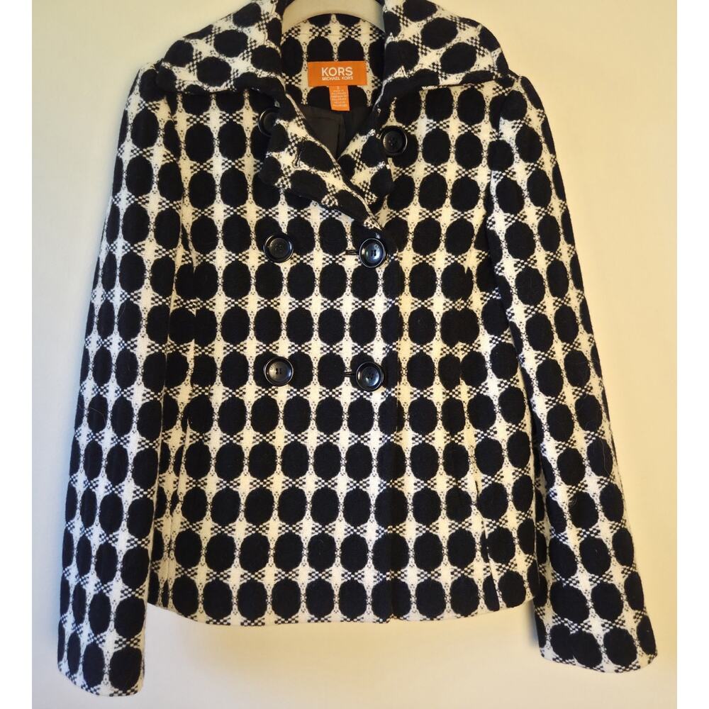 Michael Kors Pea Coat Blazer Double Breasted Black & White Wool Womens Size 2